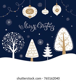 Christmas illustration with trees, fir tree, snowflakes and toys