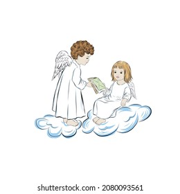 Christmas illustration. Two child angels are sitting on the clouds. The child hands letter in an envelope. Children. Drawing for a New Year's card, for illustrating a children's book with fairy tales