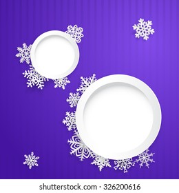 Christmas illustration with two round frames and paper snowflakes on purple striped background
