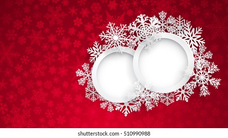 Christmas illustration with two round frames on red background of small snowflakes