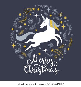 Christmas illustration with unicorn, merry christmas