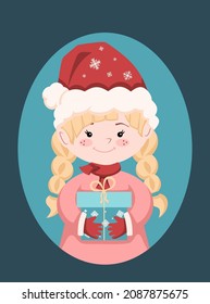 Christmas Illustration for use as a Card Design. Little Girl with beautiful pigtails and a hat, holding gifts in her hands. Vector Illustration