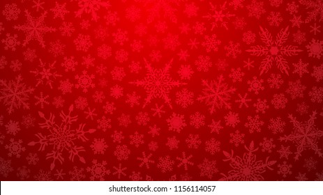 Christmas illustration with various small snowflakes on gradient background in red colors