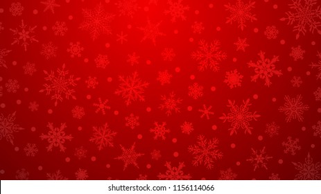 Christmas illustration with various small snowflakes on gradient background in red colors