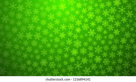 Christmas illustration with various small snowflakes on gradient background in green colors