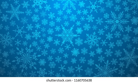 Christmas illustration with various small snowflakes on gradient background in light blue colors