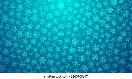 Christmas illustration with various small snowflakes on gradient background in light blue colors