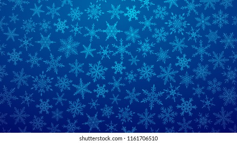 Christmas illustration with various small snowflakes on gradient background in blue colors