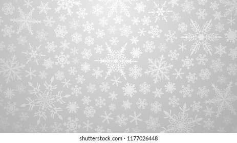 Christmas illustration with various small snowflakes on gradient background in gray colors