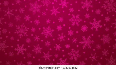 Christmas illustration with various small snowflakes on gradient background in crimson colors