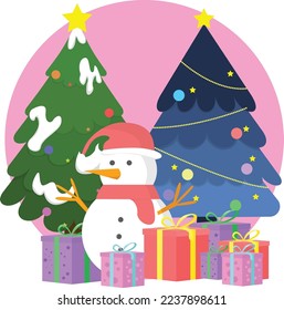 Christmas Illustration Vector Flat Style Tree Gift And Snow Man Winter Season