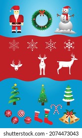 Christmas illustration vector pack - santa claus, snowman, wreath, snowflakes, xmas tree, reindeer, bells, socks and decoration balls.