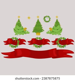 ilustración navideña conjunto de vectores, 2024, año del dragón verde, árbol, corona, estrella, cinta, vacaciones, familia, fin de semana, año nuevo, tarjeta, elementos, pegatinas