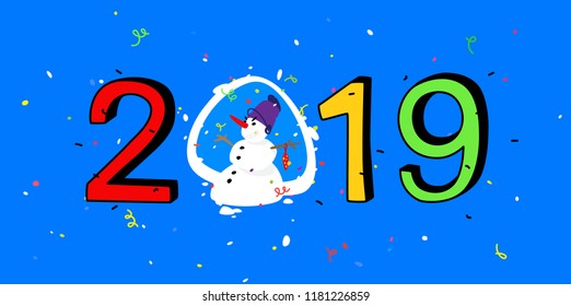 Christmas illustration. Vector. Snowman and the inscription 2019. Cartoon Character with a red carrot and a bucket on his head. Happy new year and christmas. Illustration for banner and calendar.
