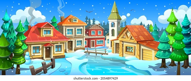 Ilustración navideña. Pueblo con casas coloridas en invierno. 