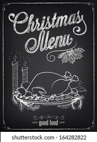 Christmas illustration of a vintage graphic element for menu on the chalkboard. Chalking, freehand drawing