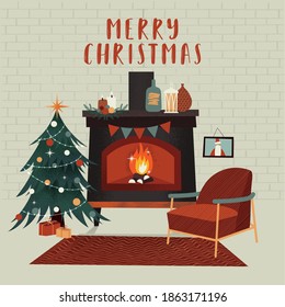 Weihnachtsgrafik mit warmem Kamin. Weihnachtsvektorgrußkarte	