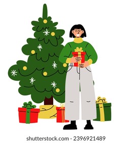 Christmas illustration in which a girl holds a gift against the background of a Christmas tree. It's time to give gifts. Presentation of a gift. Vector. Surprises. Merry Christmas and Happy New Year