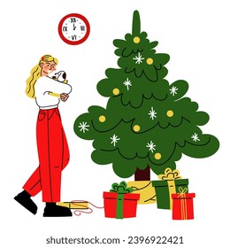 A Christmas illustration in which a girl holds a box with a dog near a Christmas tree with gift boxes. It's time to give gifts. Unpacking a gift. Vector. Gifts and surprises. Merry Christmas, New Year