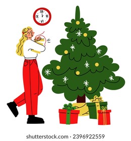 A Christmas illustration in which a girl opens a box near a Christmas tree with gift boxes. It's time to give gifts. Unpacking a gift. Vector. Gifts and surprises. Merry Christmas, New Year