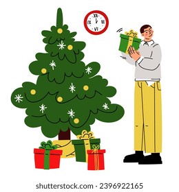 Una ilustración navideña en la que un tipo revisa un regalo cerca de un árbol de Navidad con cajas de regalo. Es hora de dar regalos. Desempacando un regalo. Vector. Regalos y sorpresas. Feliz Navidad, Año Nuevo