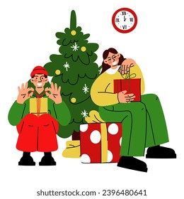 A Christmas illustration in which a guy and a girl open a gift near a Christmas tree. It's time to give gifts. Unpacking a gift. Vector. Gifts and surprises. Merry Christmas and Happy New Year