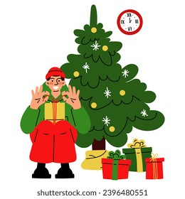 Christmas illustration in which a guy opens a gift against the background of a Christmas tree. It's time to give gifts. Unpacking a gift. Vector. Gifts and surprises. Merry Christmas, Happy New Year