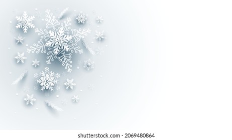 Christmas illustration with white 3d paper snowflakes on light blue background