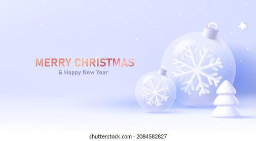 Christmas illustration white Christmas balls and snowflake   tree light snow landscape and golden text  greeting card