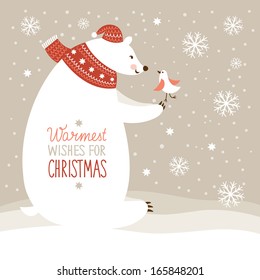 Christmas illustration, white bear and little birdy