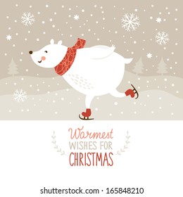 Christmas illustration, white bear and little birdy