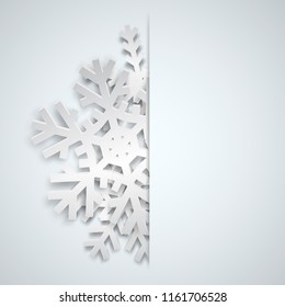 Christmas illustration with white big snowflakes which protrudes from the cut on a light blue background