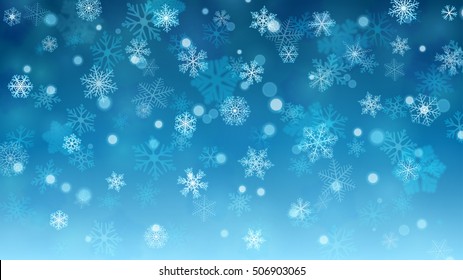 Christmas Illustration With White Blurred And Clear Snowflakes On Light Blue Background