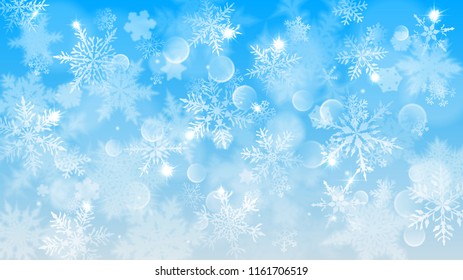 Christmas illustration with white blurred snowflakes, glare and sparkles on light blue background