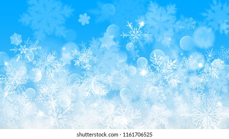 Christmas illustration with white blurred snowflakes, glare and sparkles on light blue background