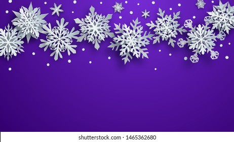 Christmas illustration of white complex paper snowflakes with soft shadows on purple background
