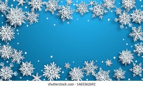 Christmas illustration of white complex paper snowflakes with soft shadows on light blue background