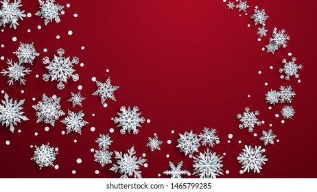 Christmas illustration with white complex paper snowflakes with soft shadows on red background