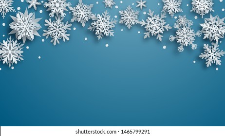 Christmas illustration of white complex paper snowflakes with soft shadows on light blue background