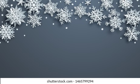 Christmas illustration of white complex paper snowflakes with soft shadows on gray background