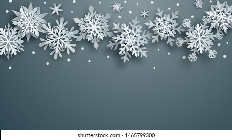 Christmas illustration of white complex paper snowflakes with soft shadows on gray background