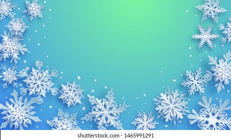 Christmas illustration of white complex paper snowflakes with soft shadows on light blue and turquoise background