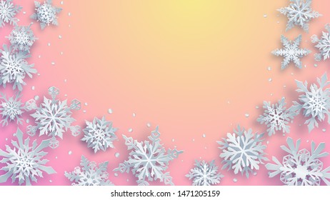 Christmas illustration of white complex paper snowflakes with soft shadows on pink and yellow background