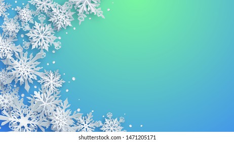 Christmas illustration of white complex paper snowflakes with soft shadows on light blue and turquoise background