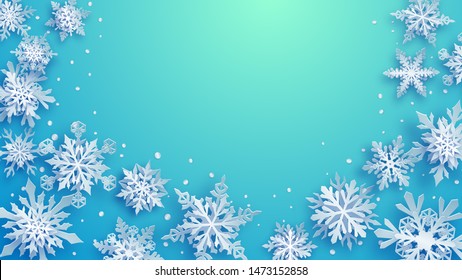 Christmas illustration of white complex paper snowflakes with soft shadows on turquoise and light blue background