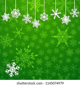 Christmas illustration with white hanging snowflakes on green background
