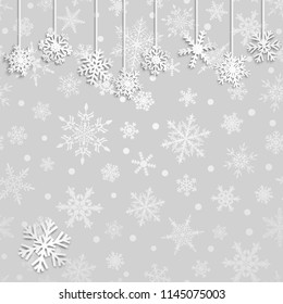 Christmas illustration with white hanging snowflakes on gray background