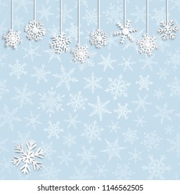 Christmas illustration with white hanging snowflakes on light blue background
