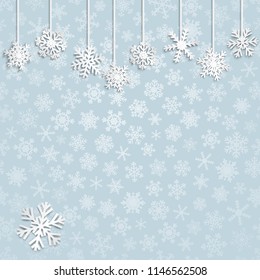Christmas illustration with white hanging snowflakes on light blue background