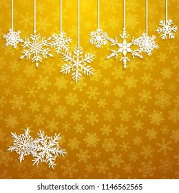 Christmas illustration with white hanging snowflakes on yellow background